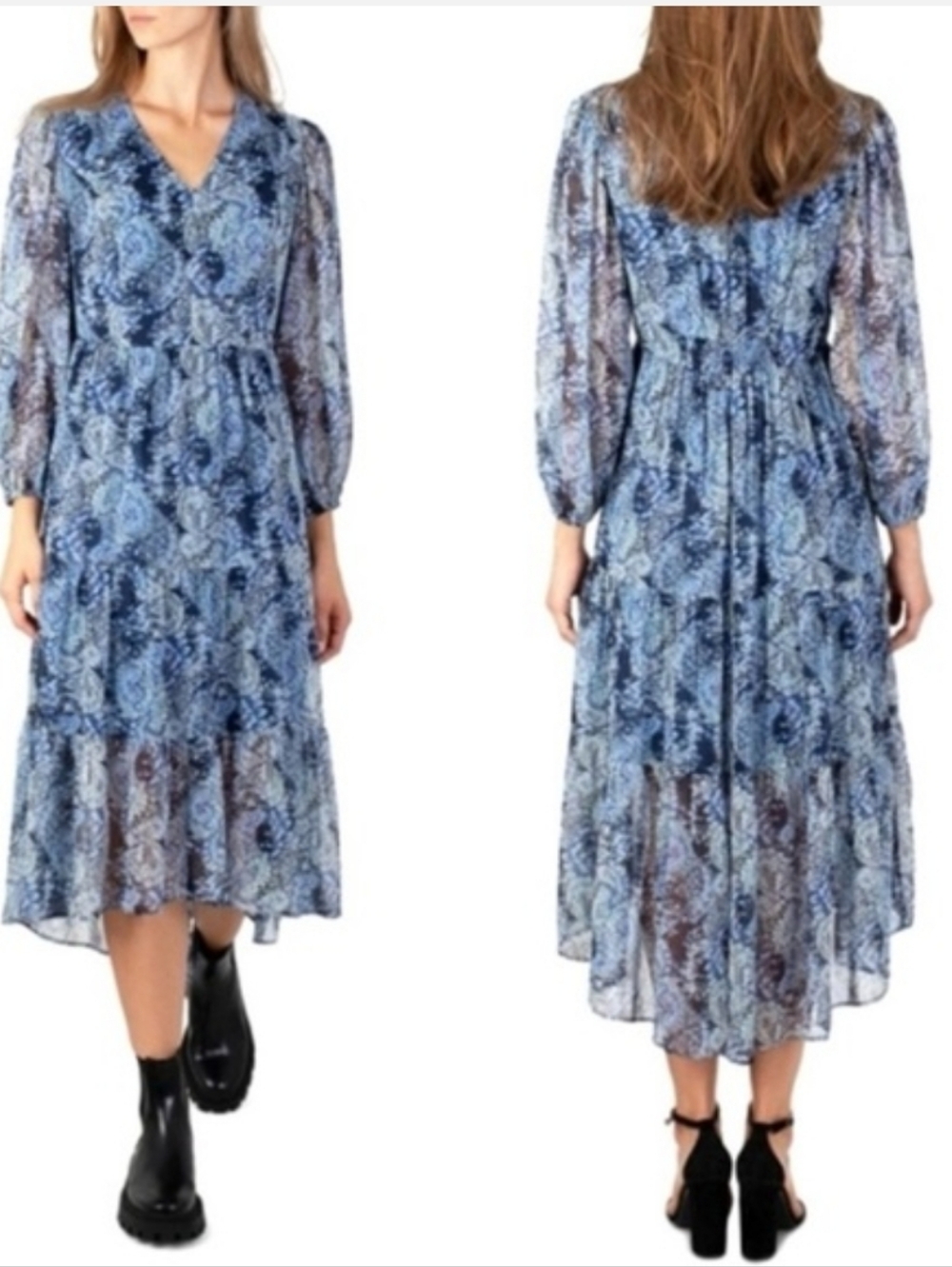 Joie Blue Paisley Long-Sleeve Midi Dress